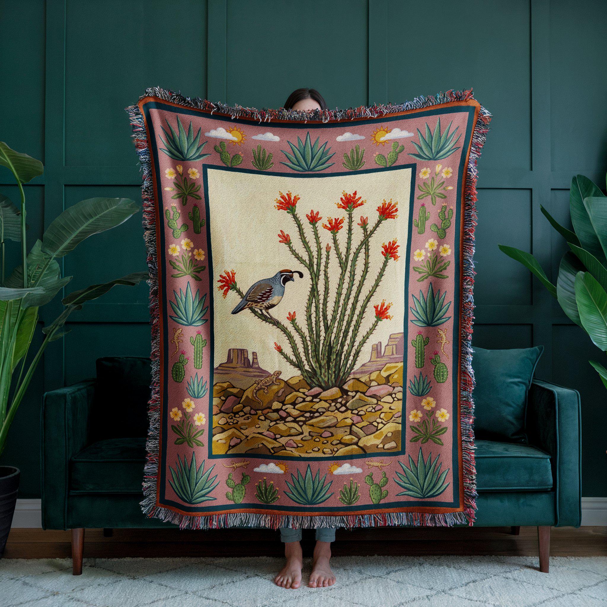 Desert Cactus Folk Art Woven Throw Blanket