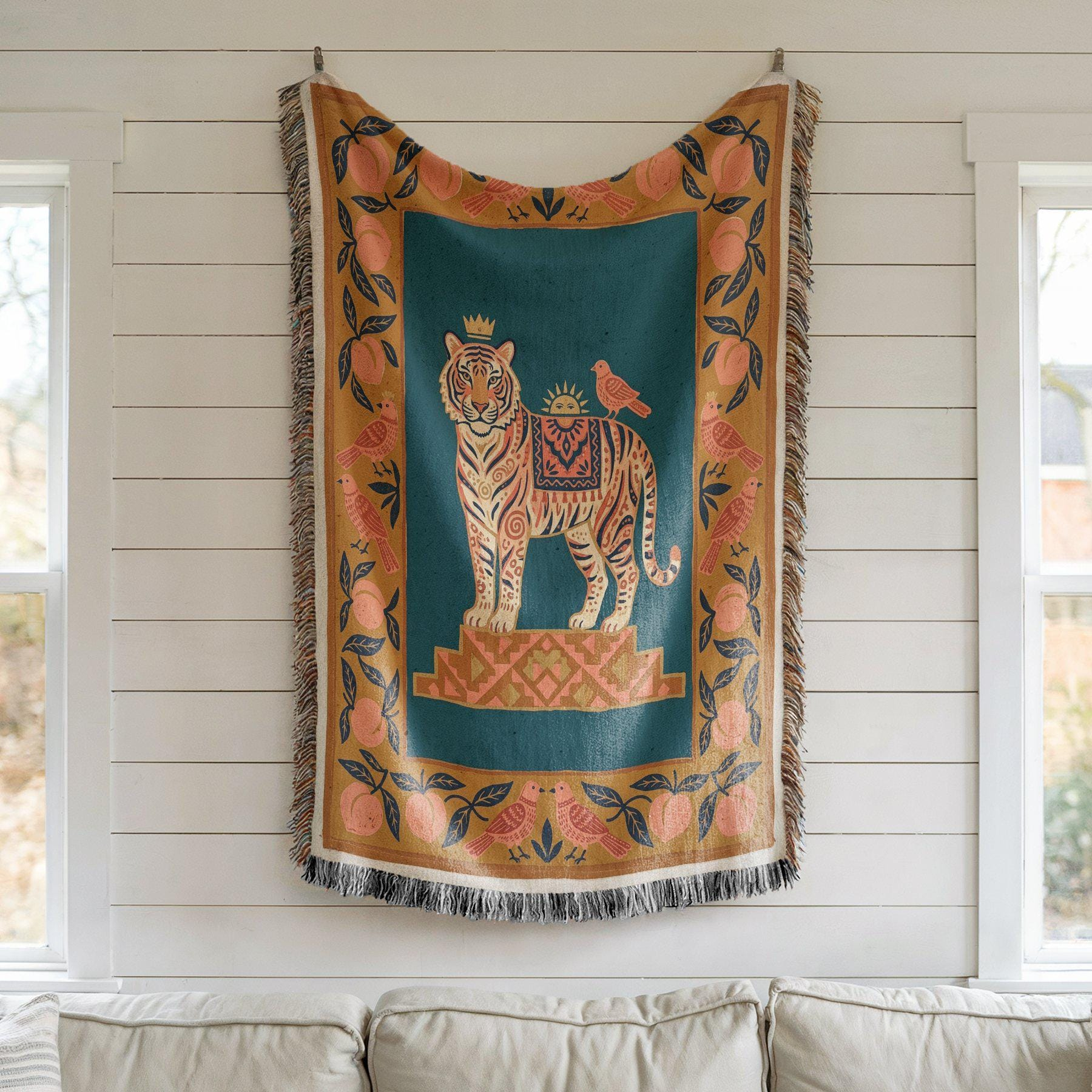 Crowned Tiger Folk Art Woven Throw Blanket