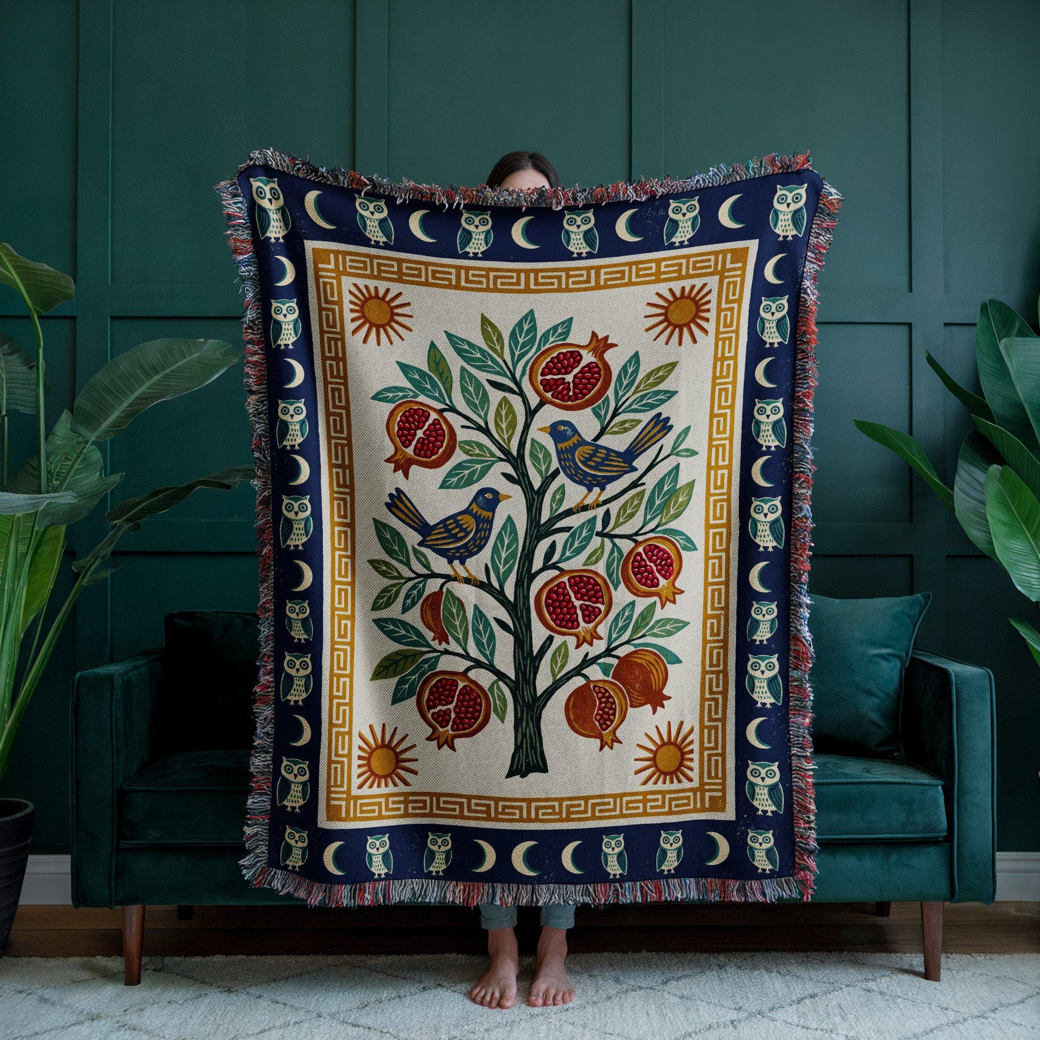 Pomegranate Tree Folk Art Woven Throw Blanket