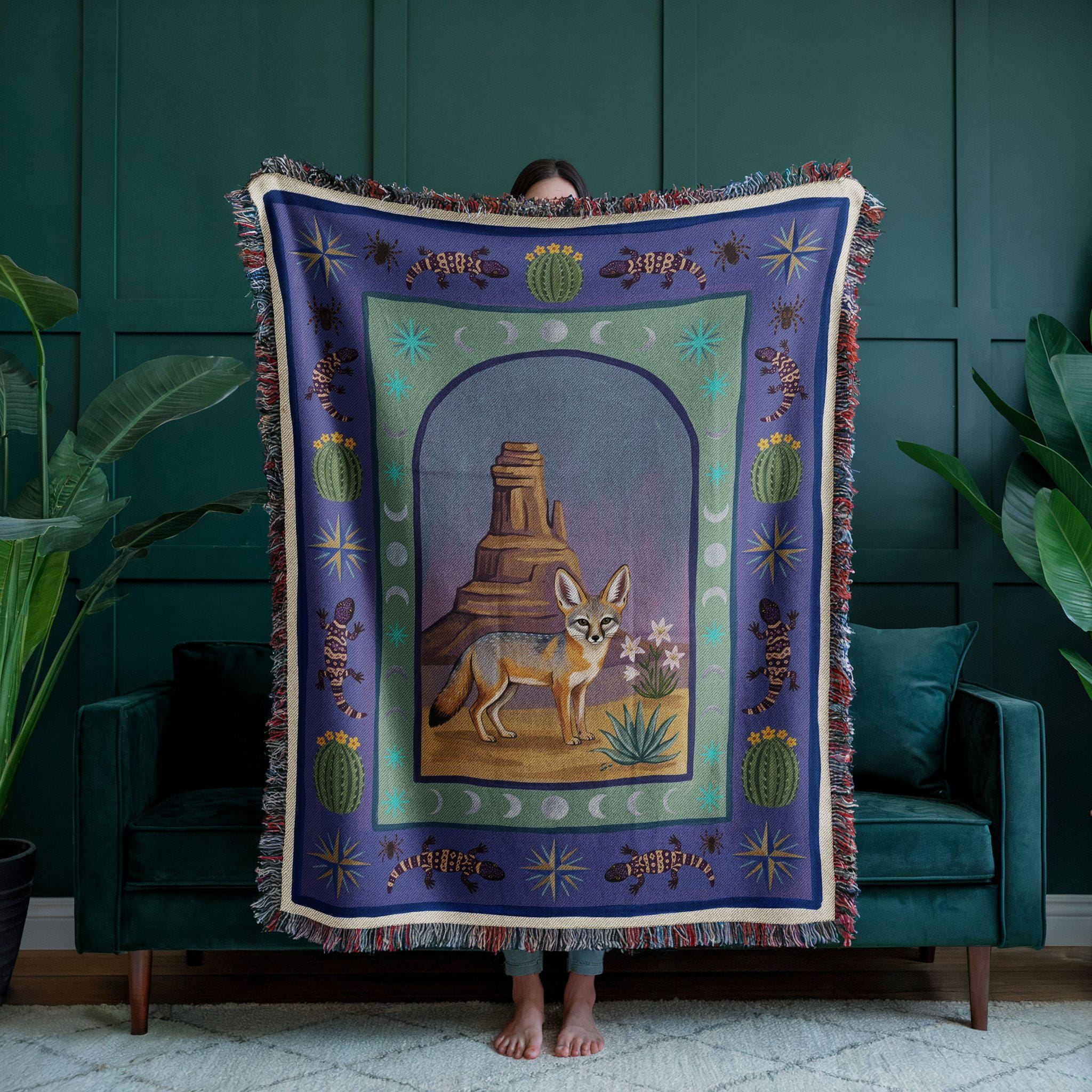 Desert Fox Folk Art Woven Throw Blanket