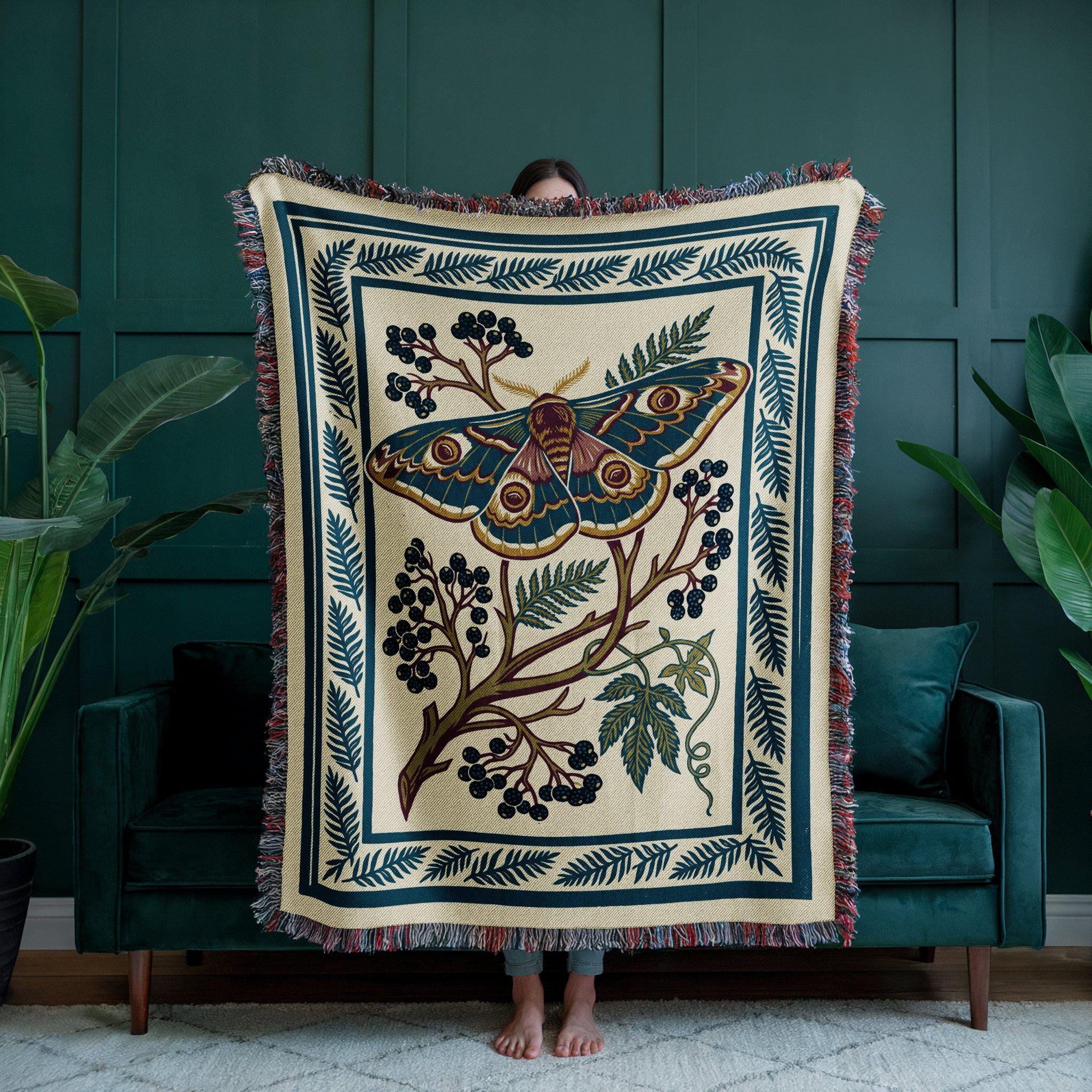Luna Moth Folk Art Woven Throw Blanket