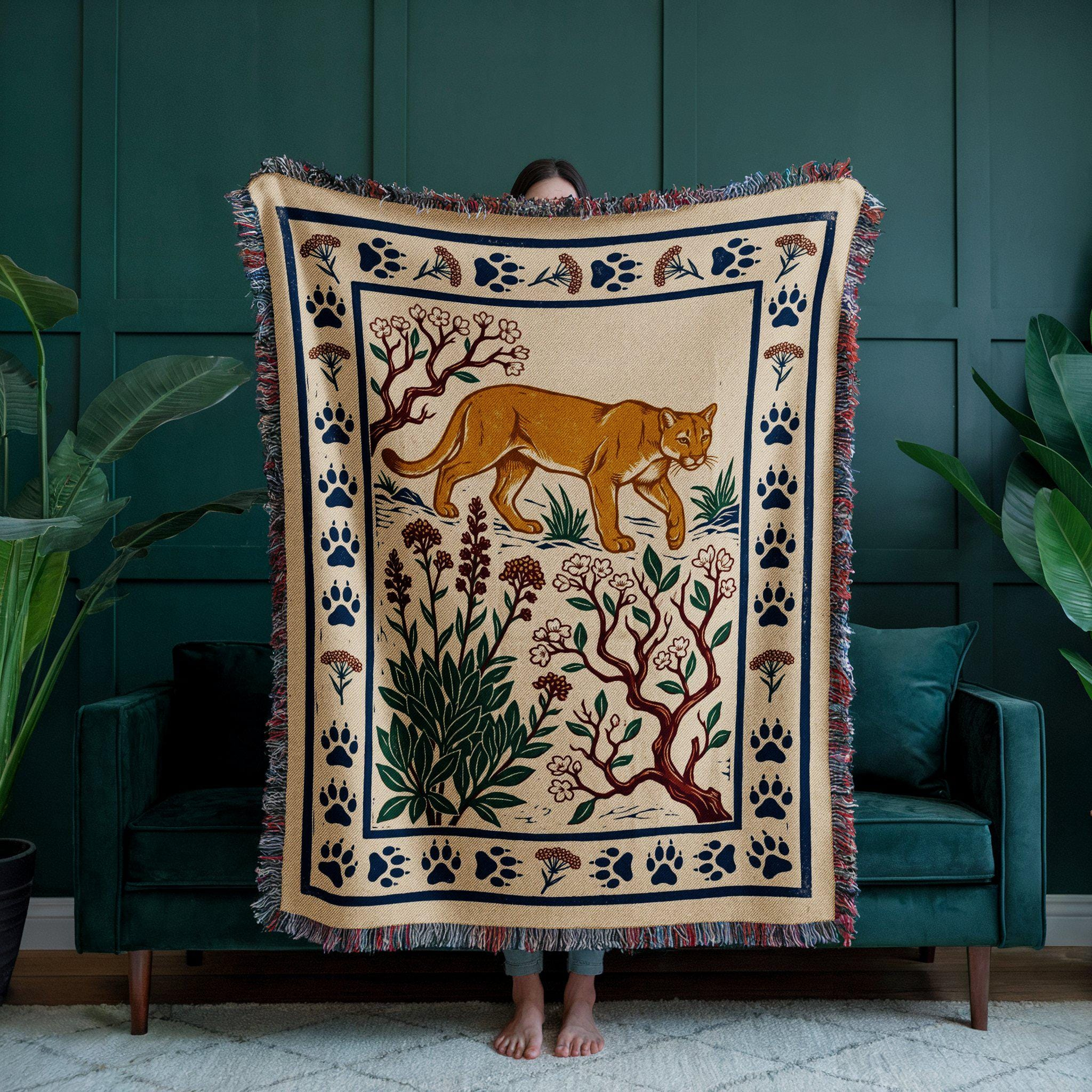Mountain Lion Folk Art Woven Throw Blanket