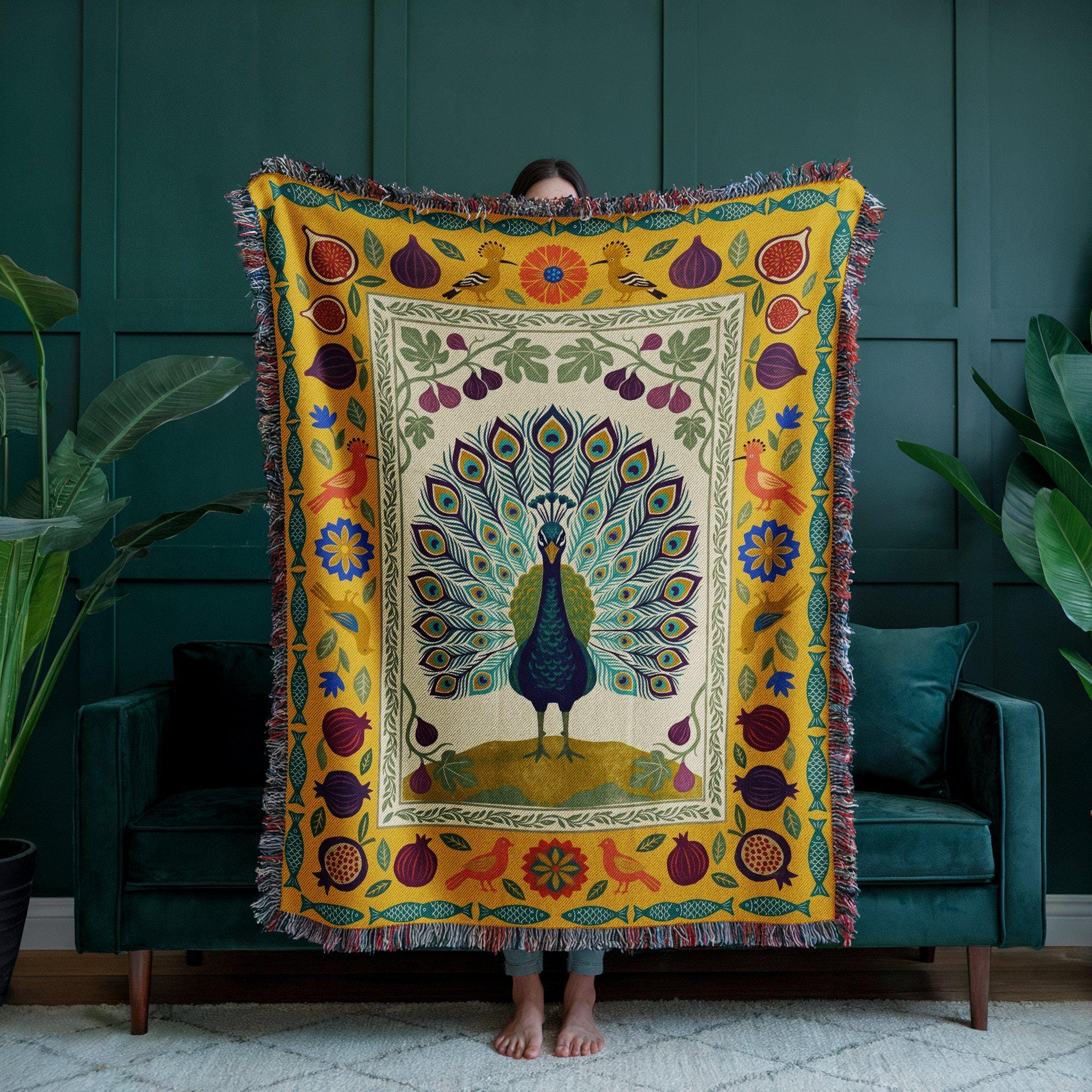 Peacock Folk Art Woven Throw Blanket