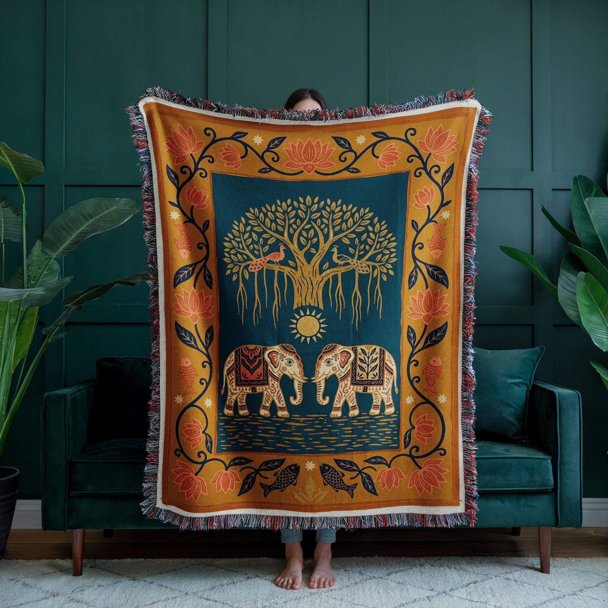 Elephant Tree of Life Folk Art Woven Throw Blanket