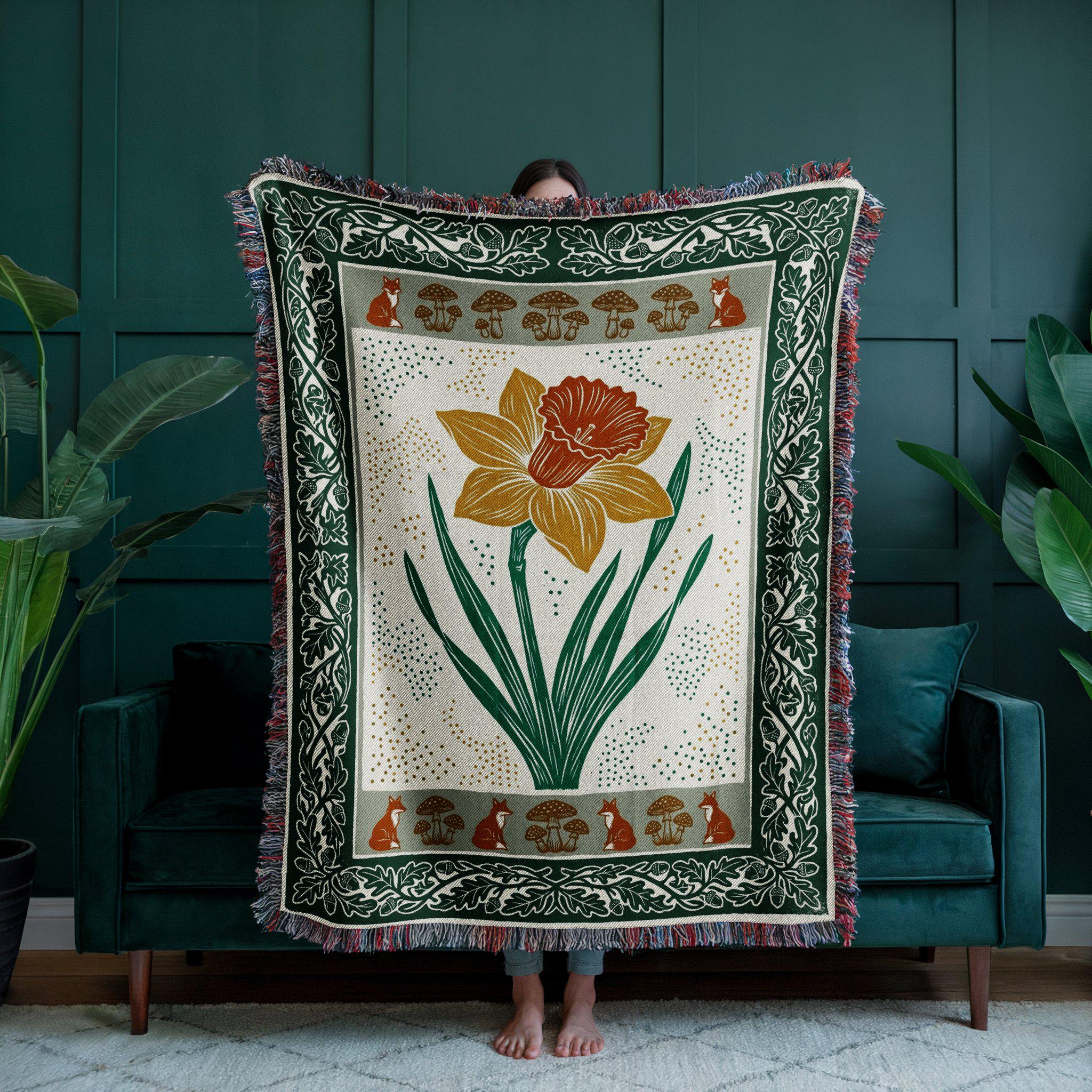 Daffodil Flower Folk Art Woven Throw Blanket
