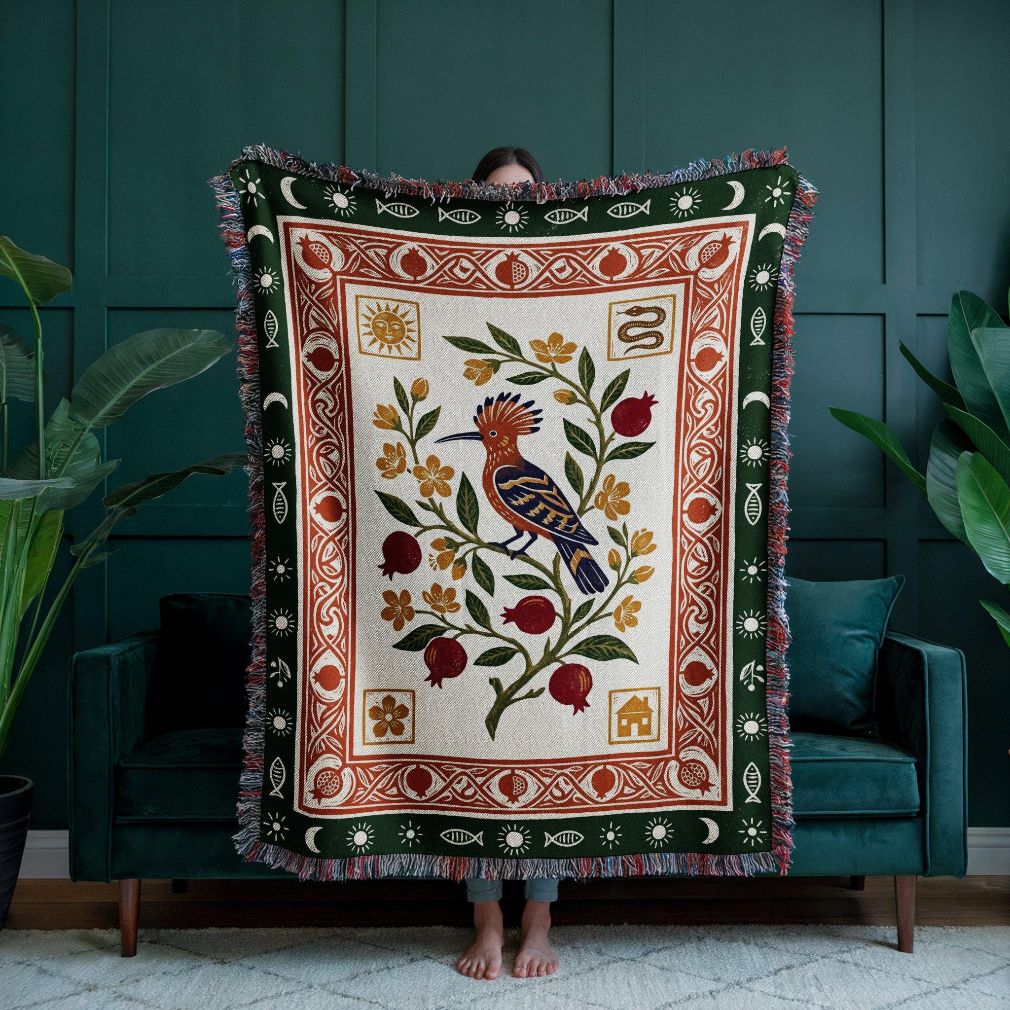 Hoopoe Bird Pomegranate Folk Art Woven Throw Blanket