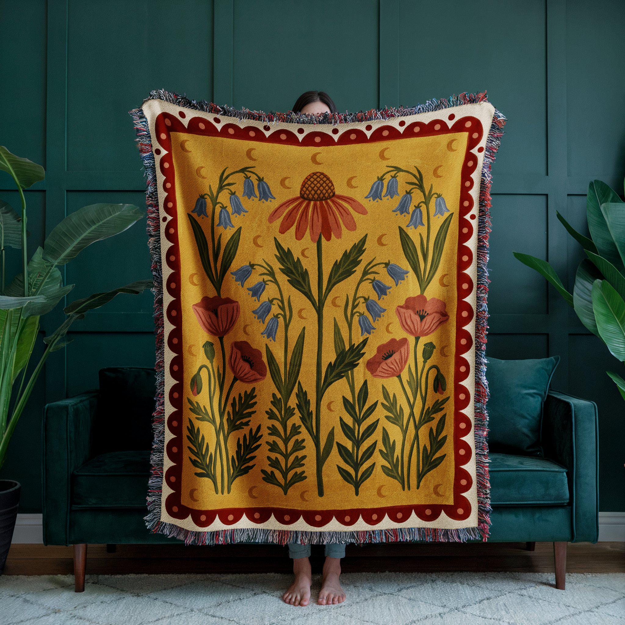 Wildflower Folk Art Woven Throw Blanket