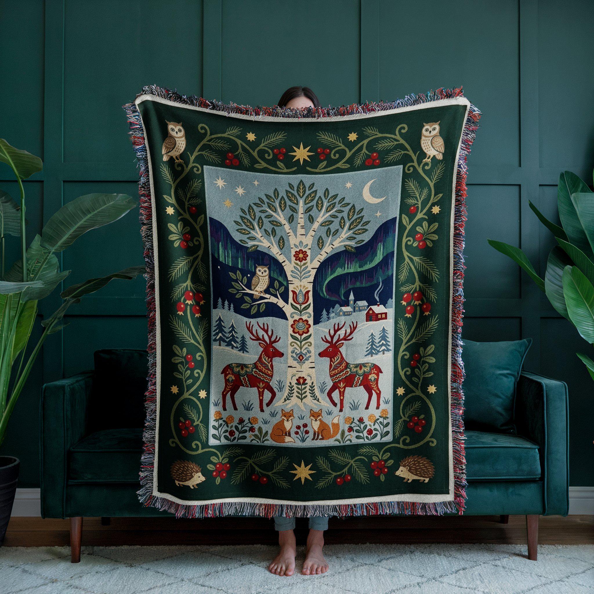 Winter Birch Forest Folk Art Woven Throw Blanket