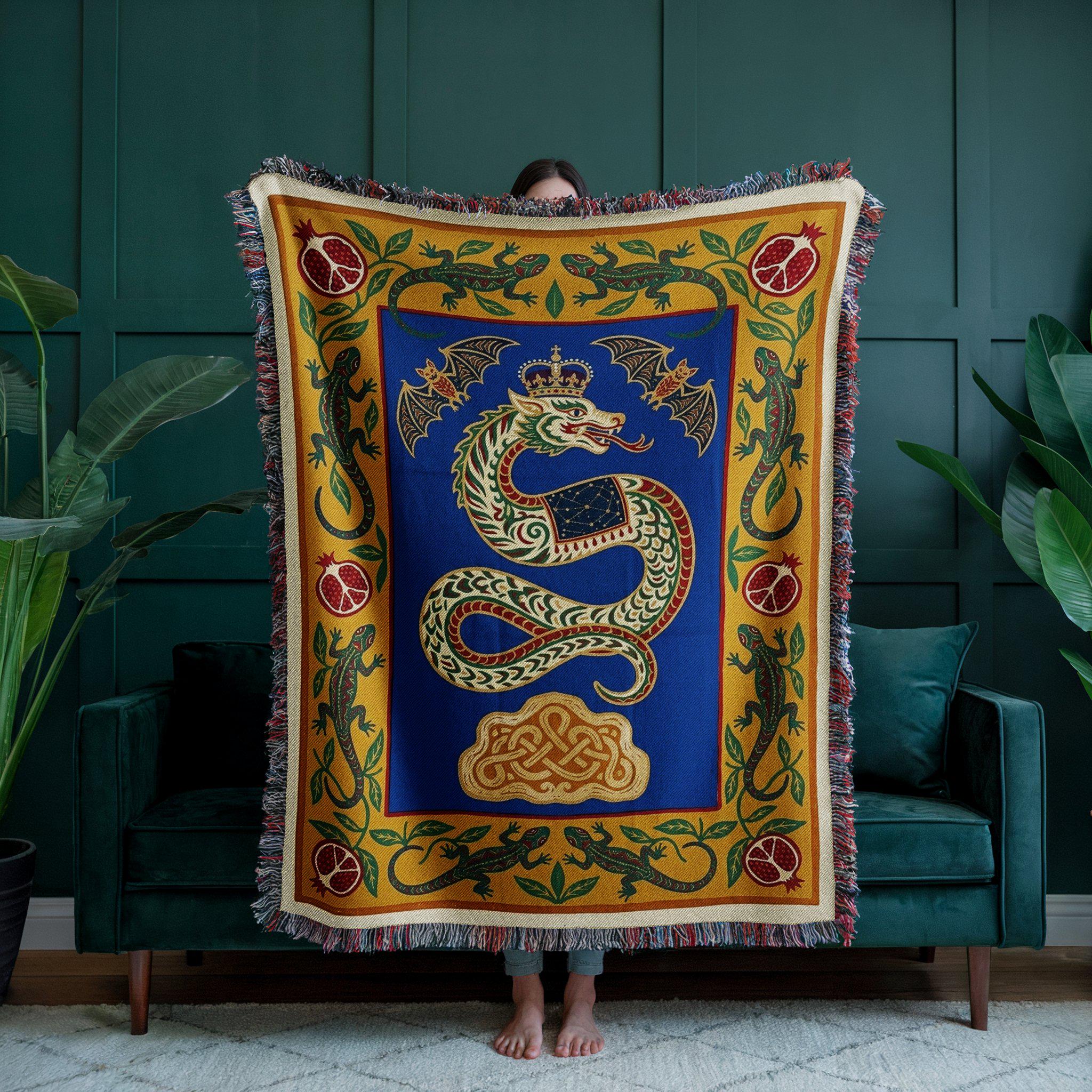 Crowned Dragon Folk Art Woven Throw Blanket