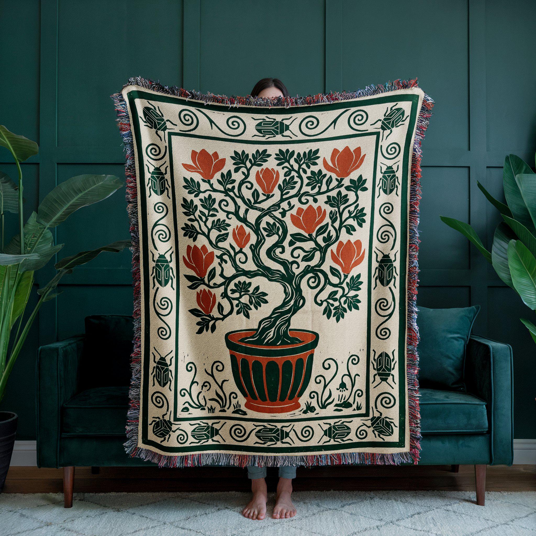 Potted Magnolia Tree Folk Art Woven Throw Blanket