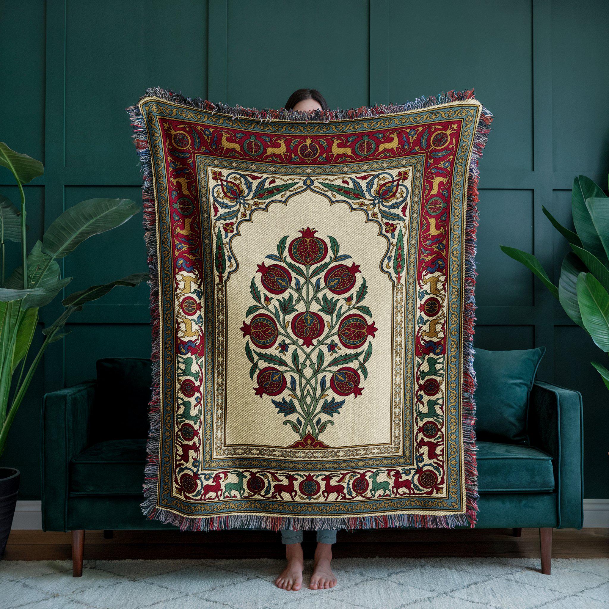 Pomegranate Garden Folk Art Woven Throw Blanket