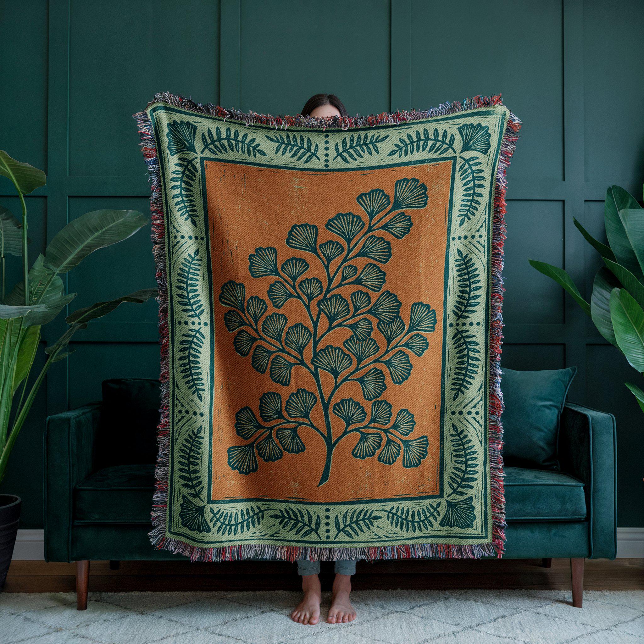 Ginkgo Leaf Folk Art Woven Throw Blanket